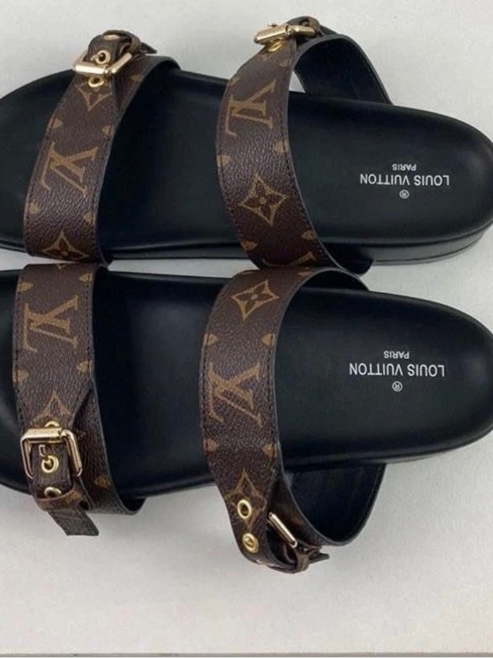 Louis Vuitton Brown Monogram Double Buckle Slide Sandals